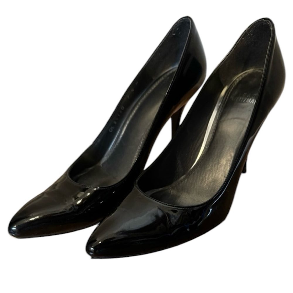 Stuart Weitzman black patent leather stilettos pumps pointed cocktail glam 7.5